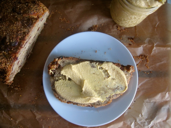 vegan pumpkin cream cheese on gluten-free cranberry walnut bread